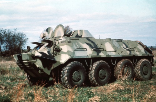 A left front view of a Soviet BTR-60PB armored personnel carrier.